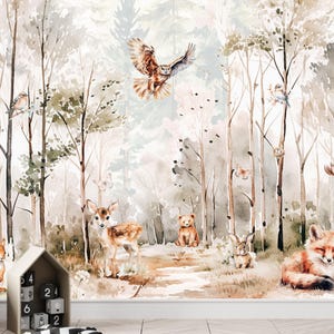 Papier peint animaux, arbres des bois, papier peint autocollant, décoration murale enfant auto-adhésive, décalcomanie pour chambre d'enfant, décoration de montagne, papier peint forêt