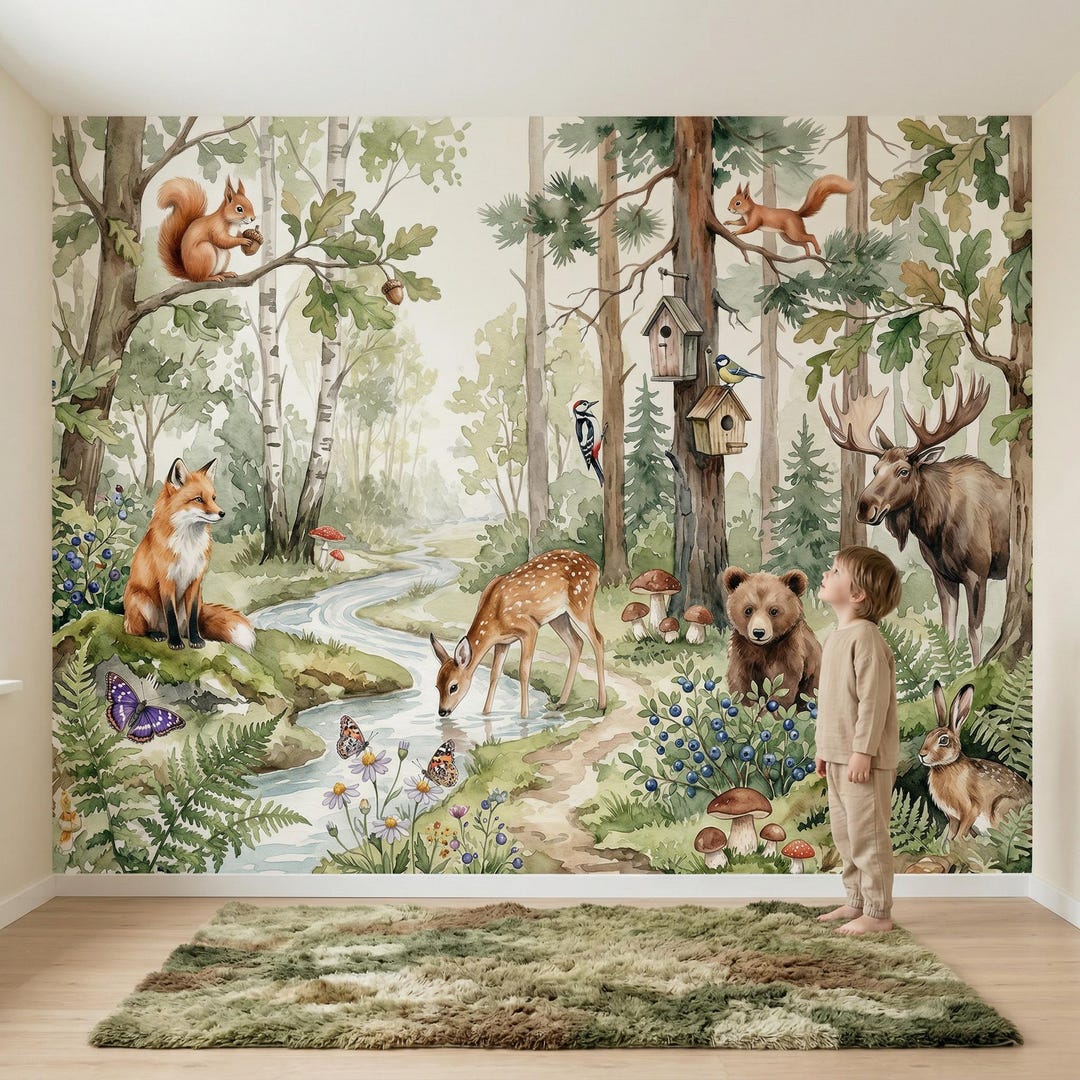 Woodland Animals Wallpaper - Peel and Stick Nursery Mural | Forest ...