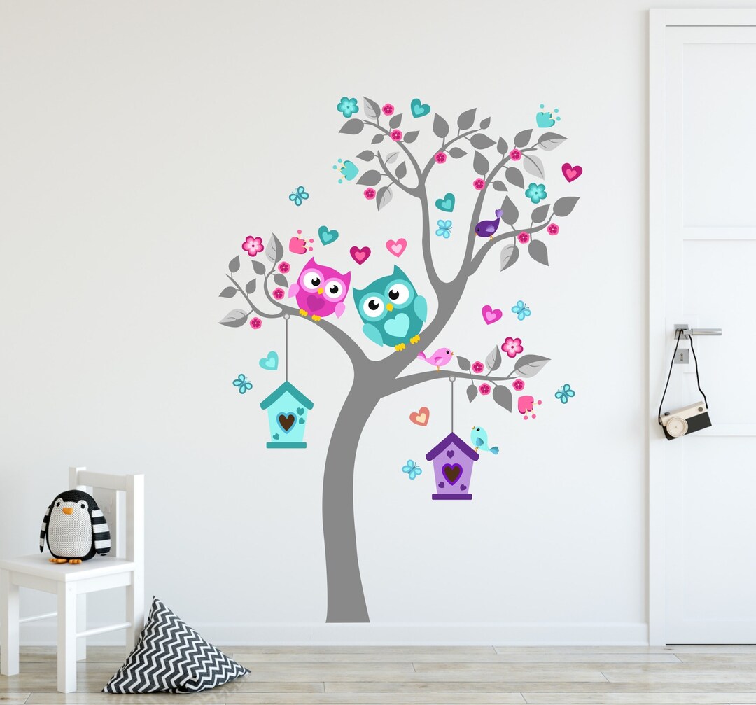 Owl Owls Wall Decal Jungle Animals Hearts Wall Decal Sticker - Etsy