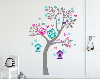 Owl Owls Wall Decal, Jungle Animals Hearts Wall Decal Sticker, WallDecal Decor, Grls Boys Nursery Room Decor Wall Art Trees Childroom