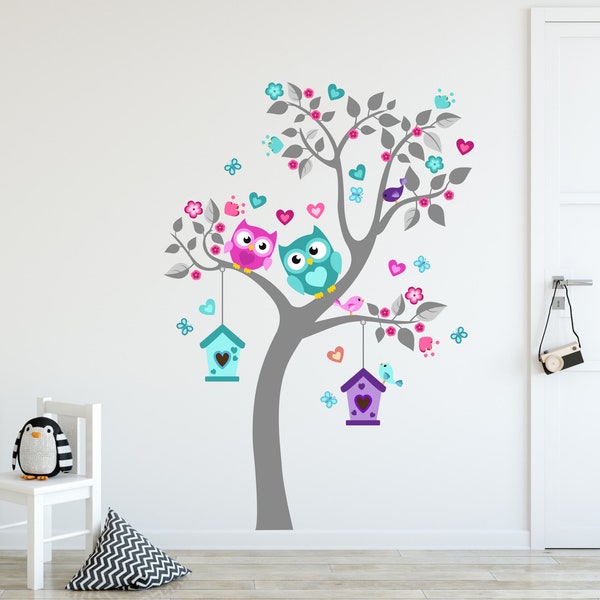 Owl Owls Wall Decal, Jungle Animals Hearts Wall Decal Sticker, WallDecal Decor, Grls Boys Nursery Room Decor Wall Art Trees Chambre d’enfants