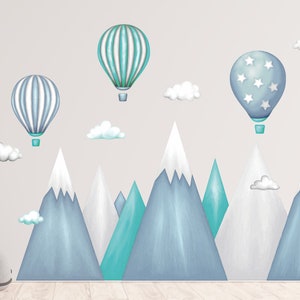 Wandaufkleber für Kinder, Berge, Heißluftballons, Wandtattoo Berge für Jungen, Wolken, Luftballons, Mädchenzimmer-Dekoration, Wandkunst Bild 7