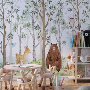 Wallpaper animals Woodland Trees, Peel and Stick, Kids Wall Mural Self Adhesive, Decor Forest DecalWall Child Room Forest Wallpaper