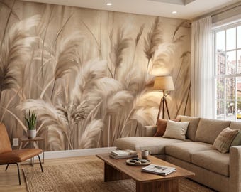 Beige Pampas Grass Wall Mural - Abstract Landscape Wallpaper, Neutral Boho Living Room Decor, Custom Size Peel and Stick, Removable