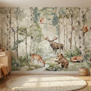 May include: A whimsical nursery scene featuring a forest mural with an elk, deer, and bear. The room includes a crib, dresser, and shelves filled with stuffed animals and wooden toys. A round rug sits on the floor.