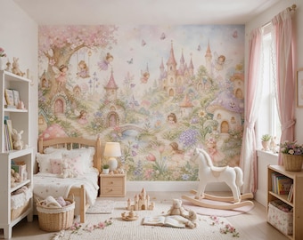 Enchanted Fairy Garden Wallpaper Mural – Magical Castle & Fairies  Custom Size Peel and  Stick
