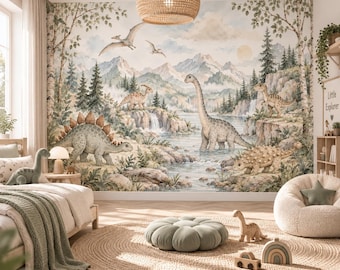 Watercolor Dinosaur Wallpaper, Prehistoric, Custom Nursery Mural, Peel and Stick Non Woven Kids Decor
