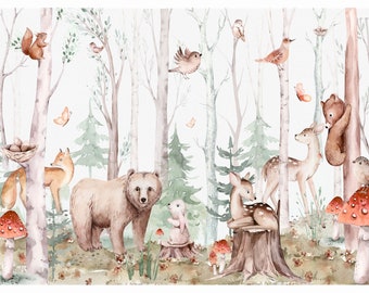 Wandbild Kinder Tapete, Tiere, Wald, Kinderzimmer Bär Reh Fuchs schälen und aufkleben selbstklebendes Wanddekor Wandbild Aquarell Kieferbaum