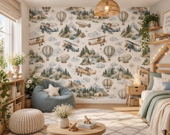 Vintage Airplane Adventure Wallpaper for Boys Room, Mountain Nursery Decor, Custom Size Wall Mural