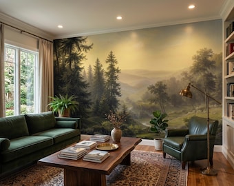 Vintage Woodland Landscape Wall Mural, Forest Trees Antique Painting Style Wallpaper, Large Scale Classical peel and stick Rustic Decor