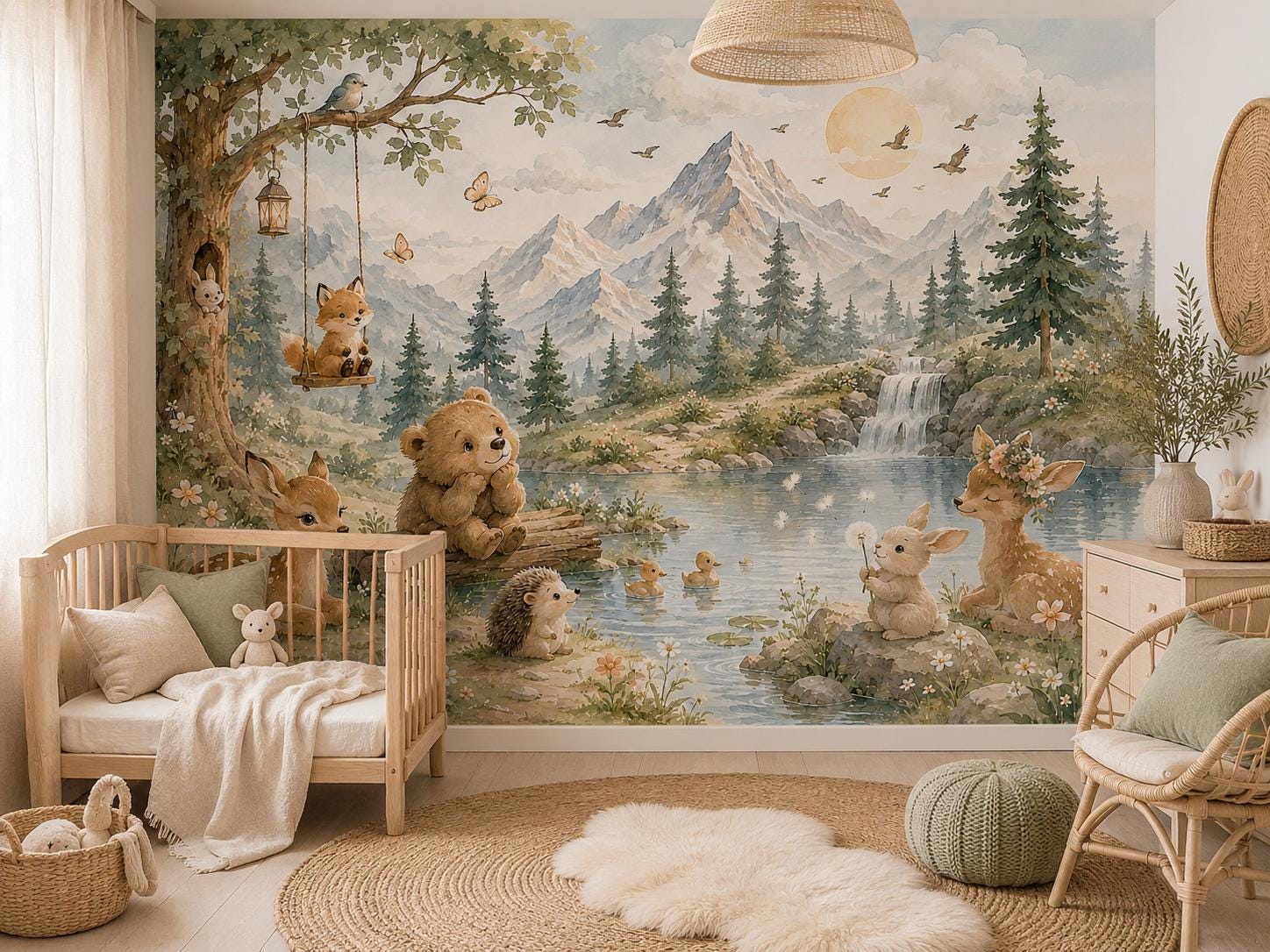 Woodland Animals Wallpaper Peel and Stick Nursery Mural Forest Trees ...