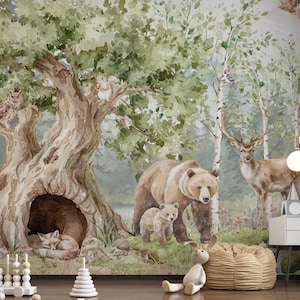 Carta da parati per bambini con animali della foresta, arte murale del bosco, alberi di pino acquerelli, animali selvatici, stacca e attacca, decorazione per la stanza dei bambini, carta da parati personalizzata