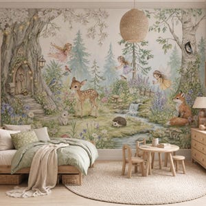 May include: A whimsical children's bedroom scene featuring a mural of a forest with fairies, a deer, and a fox. The room includes a wooden bed, a small table and chairs, a dresser, and a round rug. The color palette is soft and inviting.