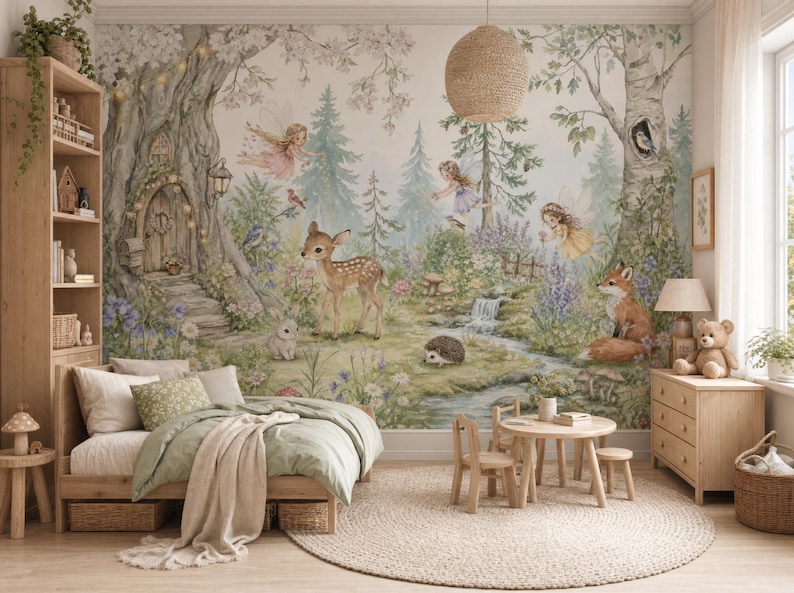 May include: A whimsical children's bedroom scene featuring a mural of a forest with fairies, a deer, and a fox. The room includes a wooden bed, a small table and chairs, a dresser, and a round rug. The color palette is soft and inviting.