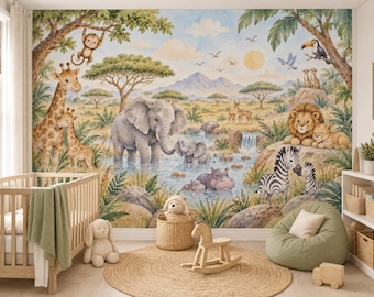 Watercolor Safari Animals Wallpaper for Kids Peel And Stick Custom Jungle Mural