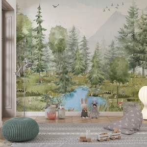 Wallpaper Mountain Trees, Peel and Stick Kids Wall Mural Self Adhesive Lake in the Forest Decor Forest DecalWall Child Room Forest Woodland