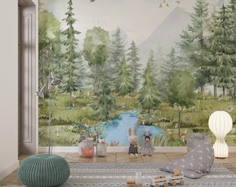 Wallpaper Mountain Trees, Peel and Stick Kids Wall Mural Self Adhesive Lake in the Forest Decor Forest DecalWall Child Room Forest Woodland
