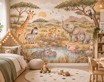 Safari Wallpaper Mural, African Wildlife Nursery Decor, Giraffe Elephant Zebra, Custom Size