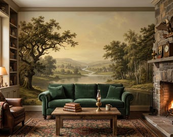 Vintage boslandschap muurmuurschildering, bos bomen antiek schilderij stijl behang, grootschalige klassieke peel en stick rustiek decor meer