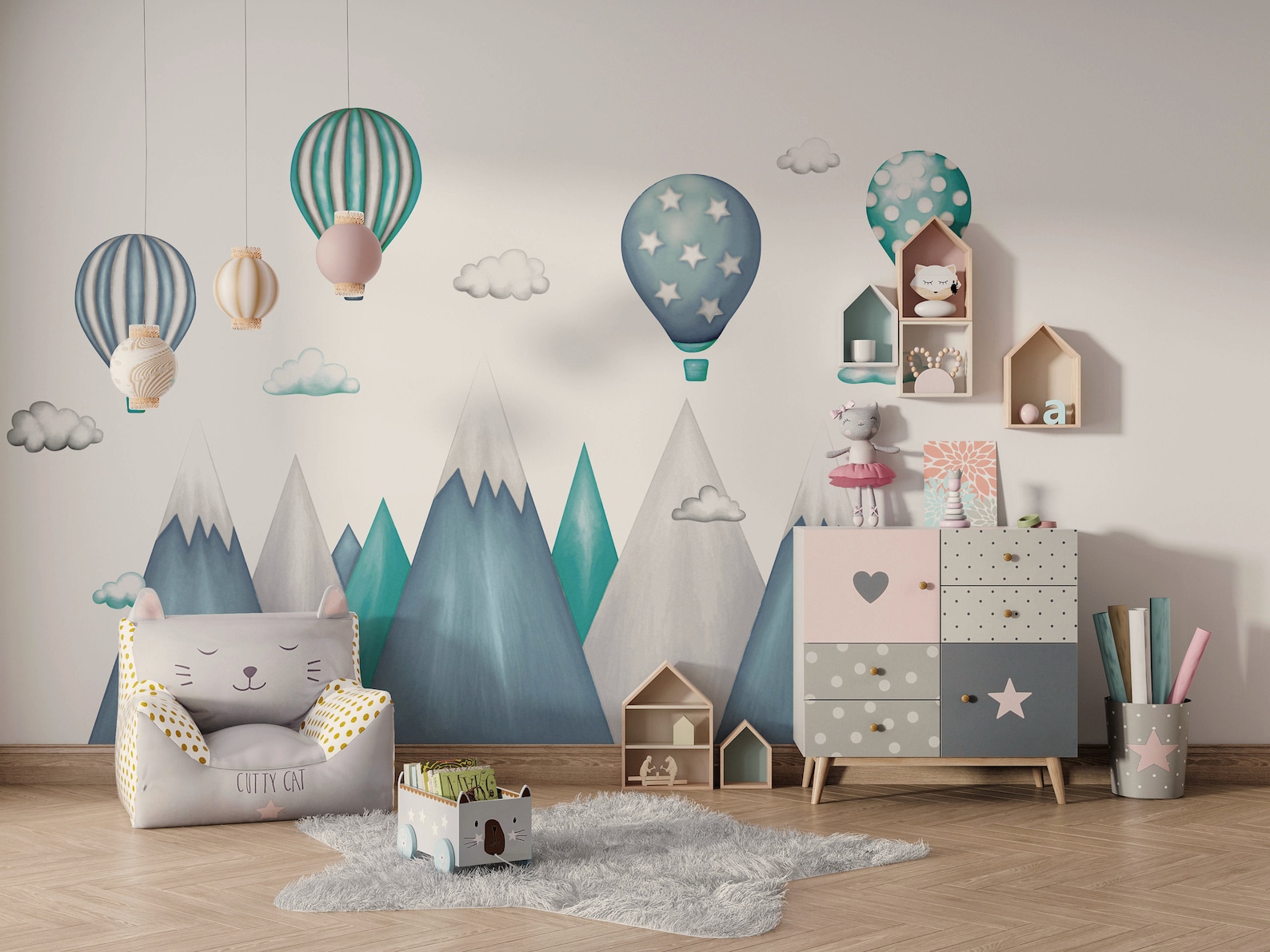 Chambre enfant avec stickers montagnes et montgolfiers bleues