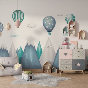 Children&#39;s wall sticker Mountains, Hot Air Balloons Mountain Mural Decal, Clouds, Balloons Girls Nursery Room wall stickers for kids room