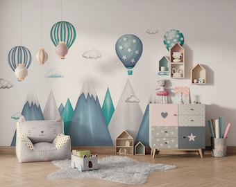 Kindermuursticker Bergen, heteluchtballonnen jongens berg muurschildering sticker, wolken, ballonnen meisjes kinderkamer decor kunst aan de muur