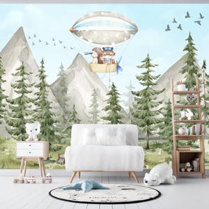 Carta da parati animali Alberi del bosco Peel and Stick Bambini Murale da parete autoadesivo, vivaio Montagna Foresta DecalWall Bambino Camera Foresta Carta da parati