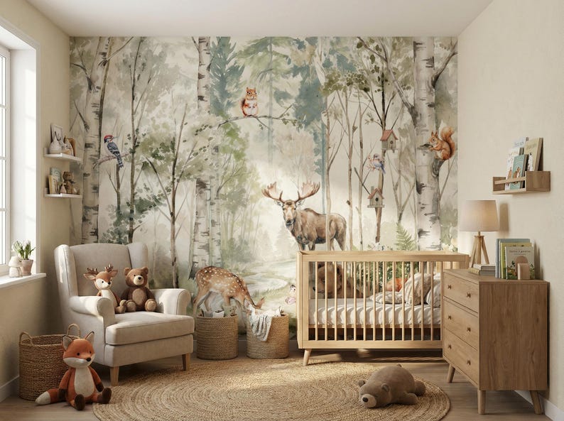 Woodland Animals Wallpaper - Peel and Stick Nursery Mural | Forest ...