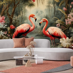 Wallpaper Flamingo Self Adhesive Palm Trees and Leaves floral vintage retro baroque wall mural botanical Wall decor living room image 3