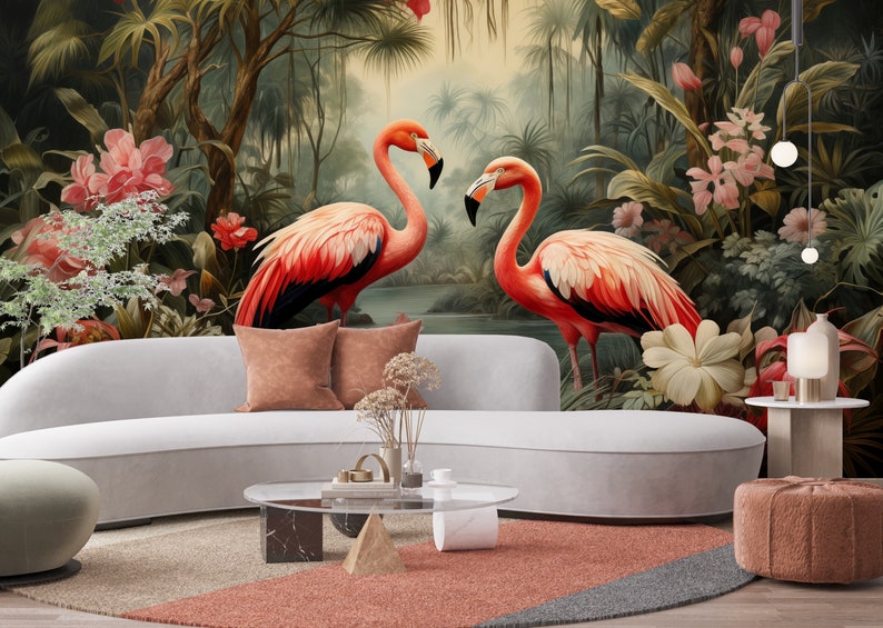 Wallpaper Flamingo Self Adhesive Palm Trees and Leaves floral vintage retro baroque wall mural botanical Wall decor living room image 3