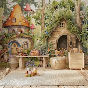 Papier peint animaux des bois, papier peint autocollant, décoration murale auto-adhésive pour enfants, sticker forêt décoration murale, papier peint forêt pour chambre d'enfant