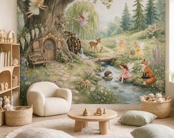 Fairy Woodland Wallpaper Enchanted Forest Mural Deer Fox Nursery Decor Custom Kids Room