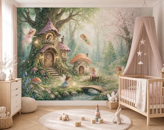 Fairies Enchanted Forest Wall Mural Magical Tree House Peel and Stick Wallpaper Girls Room