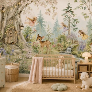May include: A whimsical nursery scene featuring a mural of a forest with fairies, a deer, and a fox. A wooden crib with a pink blanket, a dresser, and a woven basket are in the foreground. A plush lamb rocker and a mushroom lamp add to the fairytale theme.