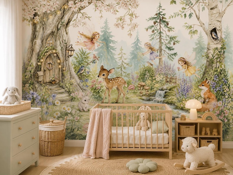 May include: A whimsical nursery scene featuring a mural of a forest with fairies, a deer, and a fox. A wooden crib with a pink blanket, a dresser, and a woven basket are in the foreground. A plush lamb rocker and a mushroom lamp add to the fairytale theme.