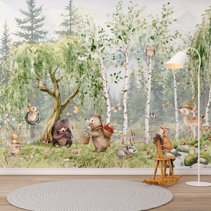Forest Animals Nursery Wallpaper Woodland Wall Art Watercolor Pine Trees Wild Animals Peel and Stick Kids Room Decor custom-made wallpaper