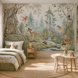 May include: A whimsical children's bedroom with a forest mural, a bed with floral bedding, and a small table and chairs. The room features a neutral color palette with natural wood furniture and a woven rug. A stuffed bunny and other toys are visible.