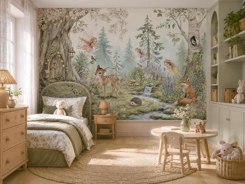 May include: A whimsical children's bedroom with a forest mural, a bed with floral bedding, and a small table and chairs. The room features a neutral color palette with natural wood furniture and a woven rug. A stuffed bunny and other toys are visible.