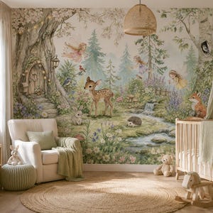 May include: A nursery with a whimsical forest mural featuring a deer, fox, and fairies. The room includes a crib, armchair, and a round rug. A woven pendant light hangs from the ceiling, and a mobile with stars and moons hangs over the crib.