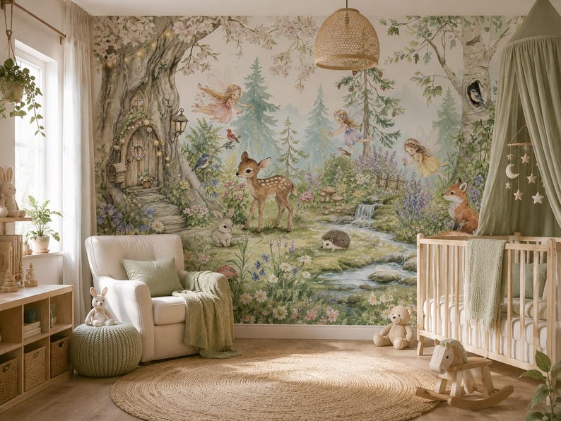 May include: A nursery with a whimsical forest mural featuring a deer, fox, and fairies. The room includes a crib, armchair, and a round rug. A woven pendant light hangs from the ceiling, and a mobile with stars and moons hangs over the crib.