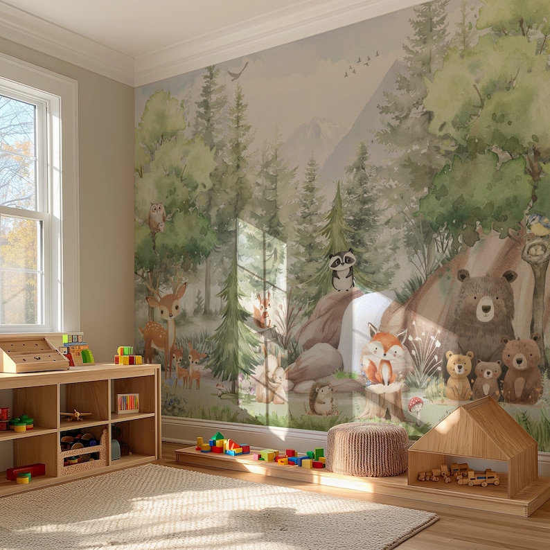 Watercolor Forest Animals Wallpaper Mural - Peel and Stick Kids Room ...