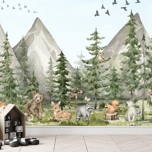 Carta da parati per bambini, carta da parati con animali del bosco, foresta, montagna, adesivo da parete con albero di pino, cameretta per bambini, rimovibile, acquerello