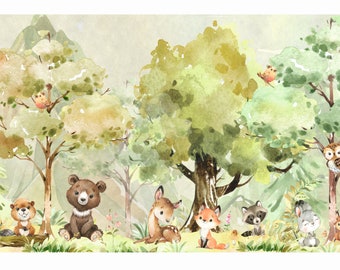 Wandbild Kinder Tapete, Tiere, Wald, Kinderzimmer Bär Reh Fuchs schälen und aufkleben, selbstklebendes Wanddekor Wandbild, Wandbilder Aquarell Poster