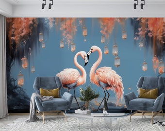 Tapete Flamingo Selbstklebende Palmen und Blätter florales Vintage Retro Barock Wandbild botanisches Wanddekor Wohnzimmer