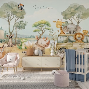 Wallpaper Safari Zoo Peel and Stick, Kids Wall Mural Self Adhesive, Nursery Giraffe Lion Elephant African DecalWall Child Room Wildlife