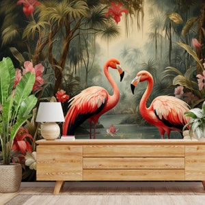 Wallpaper Flamingo Self Adhesive Palm Trees and Leaves floral vintage retro baroque wall mural botanical Wall decor living room image 5