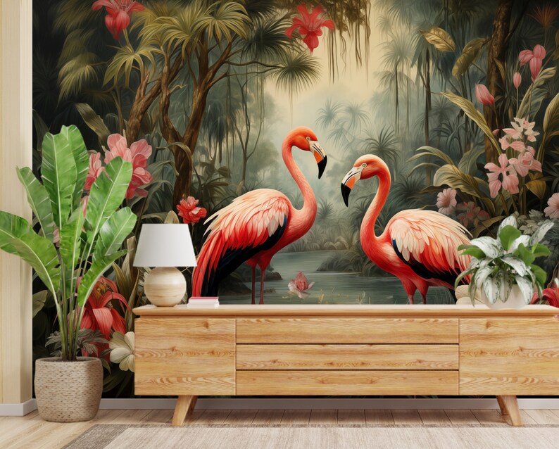 Wallpaper Flamingo Self Adhesive Palm Trees and Leaves floral vintage retro baroque wall mural botanical Wall decor living room image 5