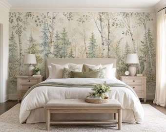 Forest Botanical Mural, Birch, Peel and Stick or Non-Woven Nature Landscape Wall Decor Bedroom Custom Size Wallpaper