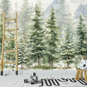 Carta da parati con alberi di montagna, staccabile e attaccabile, murale autoadesivo per bambini, decorazione per cameretta con montagne e foreste, carta da parati con foresta per cameretta dei bambini