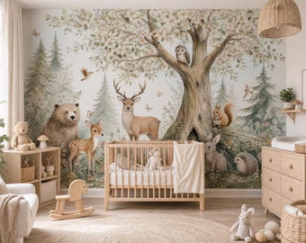 Custom Watercolor Woodland Animals Nursery Mural Forest Trees, Deer, Bears (Peel & Stick) Scandinavian